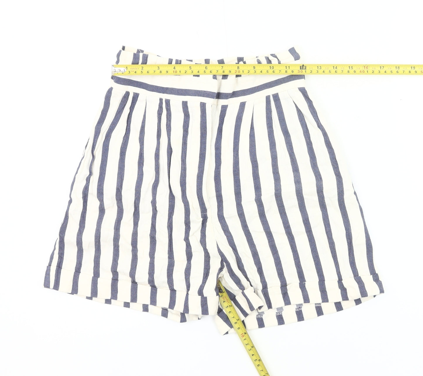 Zara Basic Women’s Blue Ivory Striped Paperbag Shorts Size S