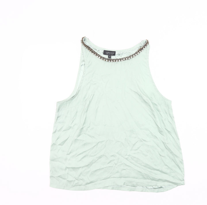 Topshop Womens Green Beaded Tank Top UK 14 Sleeveless Polyester