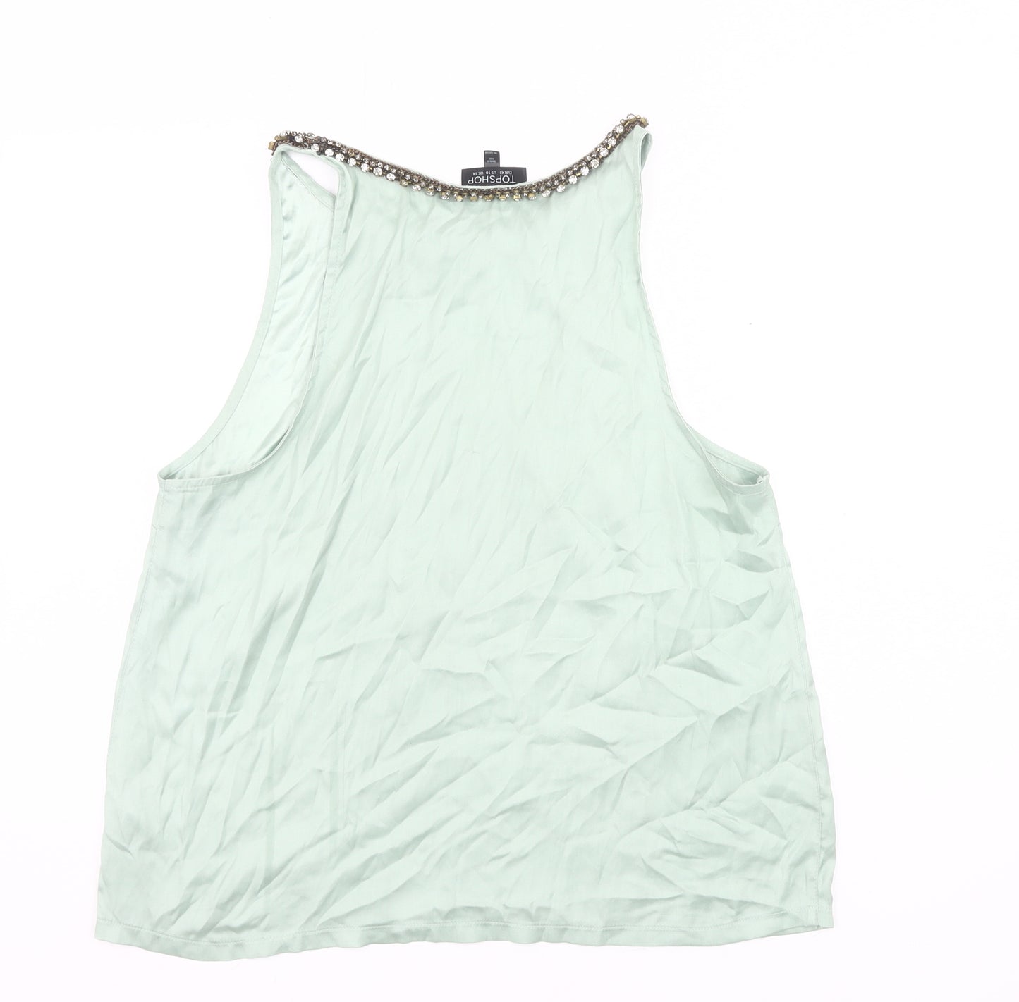 Topshop Womens Green Beaded Tank Top UK 14 Sleeveless Polyester