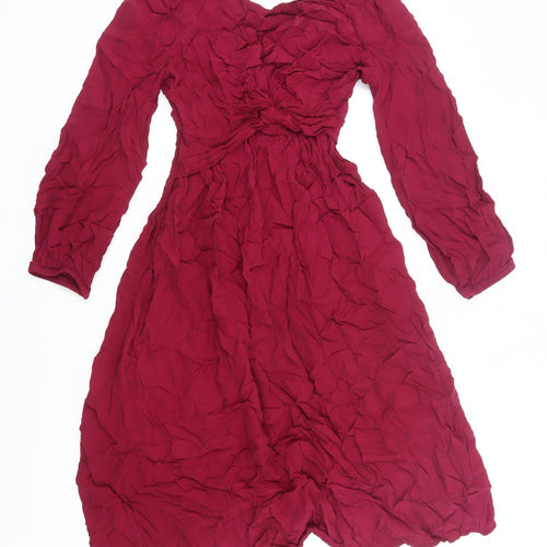 Zara Women’s Red Viscose A-Line Dress XS Long Sleeve Scoop Neck