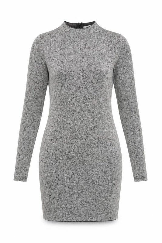 Front view of Mango Women’s Grey Bodycon Dress, size UK 10, Long Sleeve High Neck