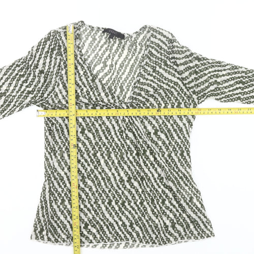 Coast Womens Green Geometric Wrap Mesh Blouse Size 12 Long Sleeve