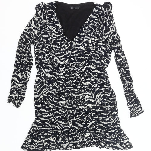 Zara Women Black Animal Print Wrap Dress Size 14 Long Sleeve