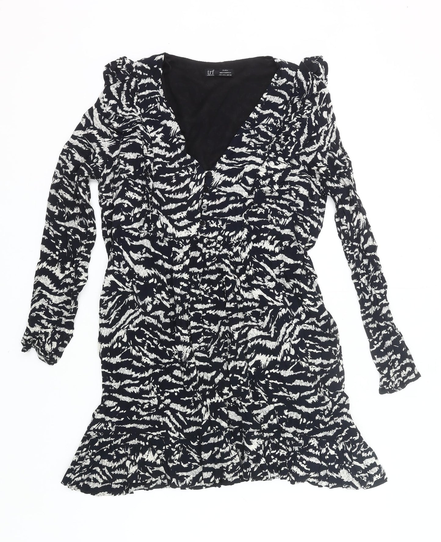 Zara Women Black Animal Print Wrap Dress Size 14 Long Sleeve