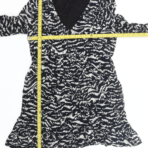 Zara Women Black Animal Print Wrap Dress Size 14 Long Sleeve