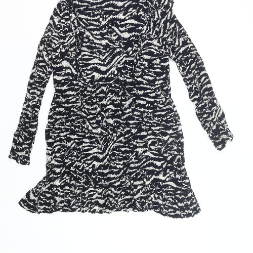 Zara Women Black Animal Print Wrap Dress Size 14 Long Sleeve