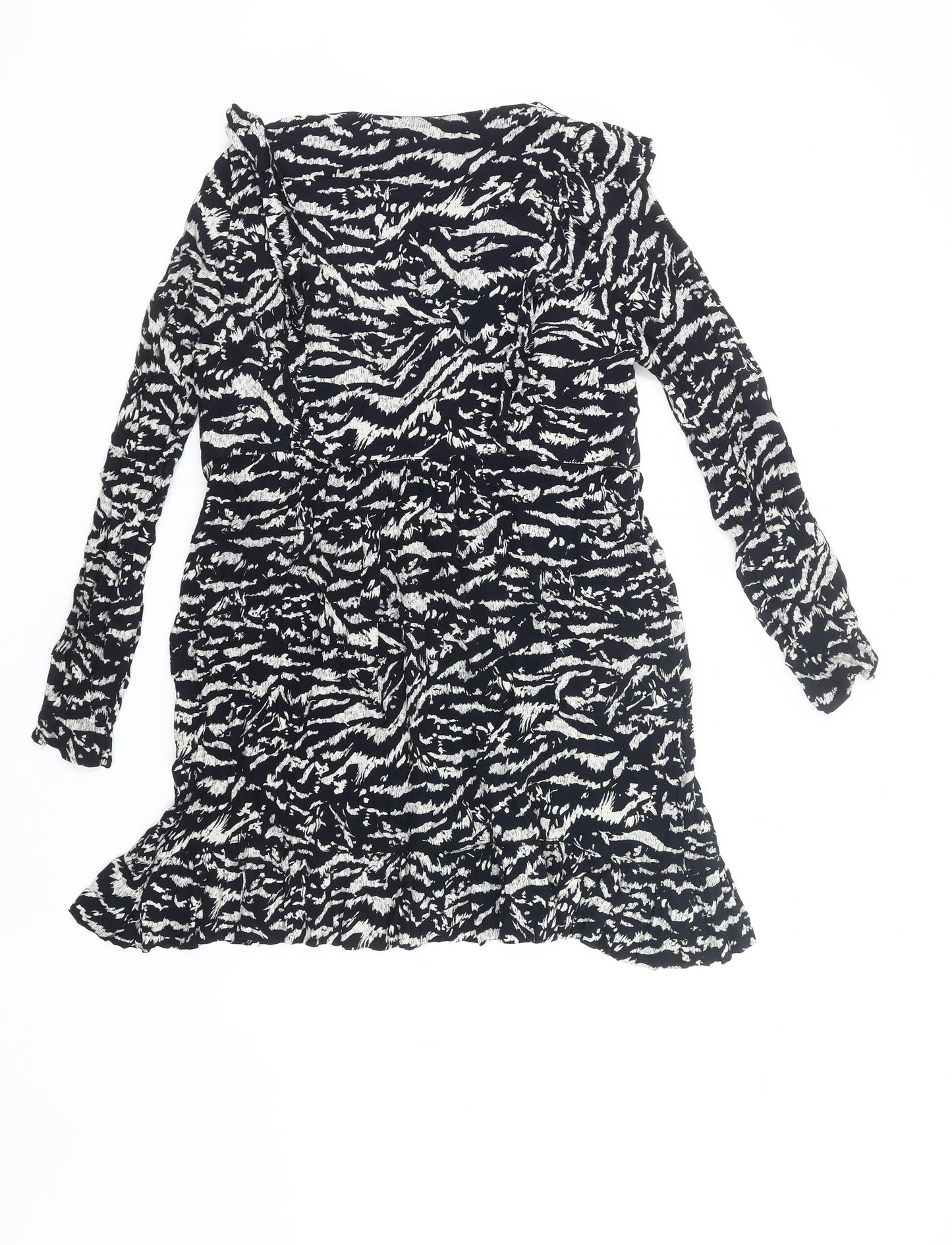 Zara Women Black Animal Print Wrap Dress Size 14 Long Sleeve