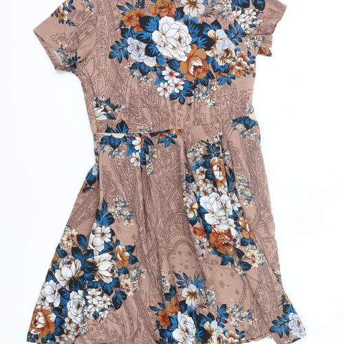 LAMiU Womens XL Brown Floral Fit & Flare Short Sleeve Knee Length Dress