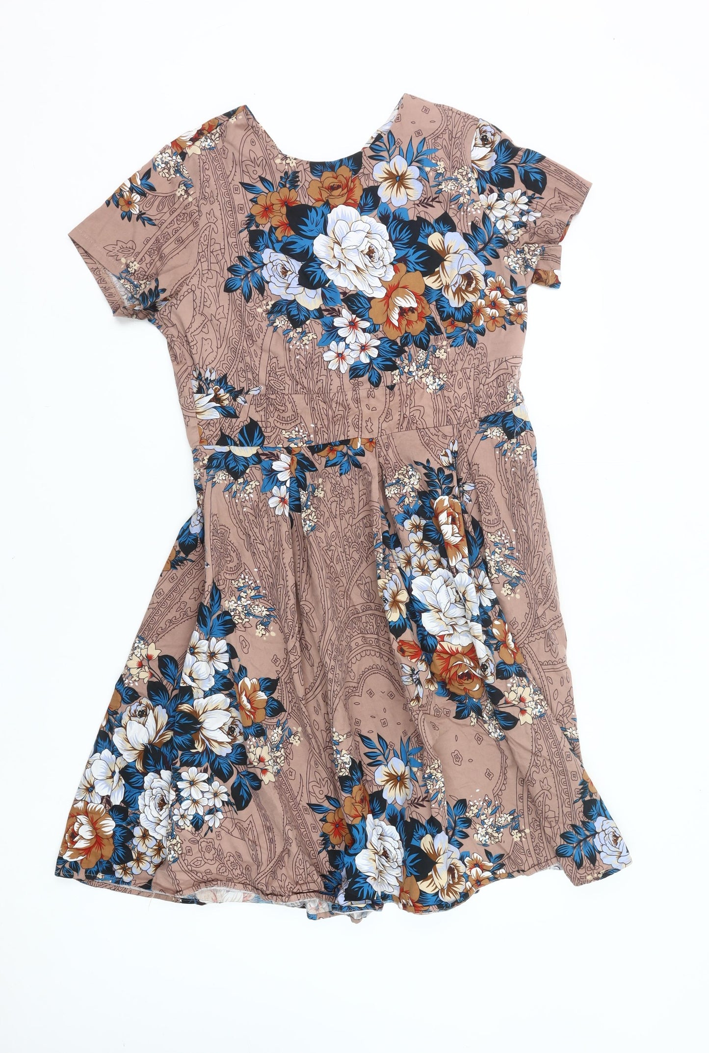 LAMiU Womens XL Brown Floral Fit & Flare Short Sleeve Knee Length Dress