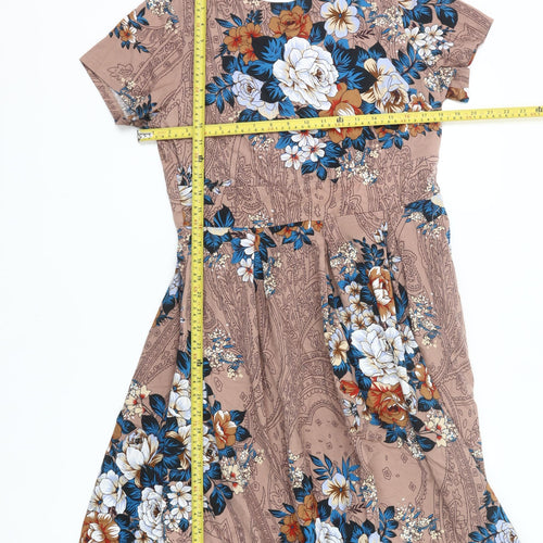 LAMiU Womens XL Brown Floral Fit & Flare Short Sleeve Knee Length Dress