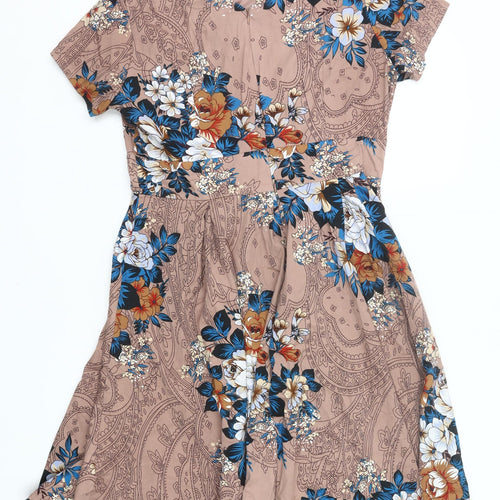 LAMiU Womens XL Brown Floral Fit & Flare Short Sleeve Knee Length Dress