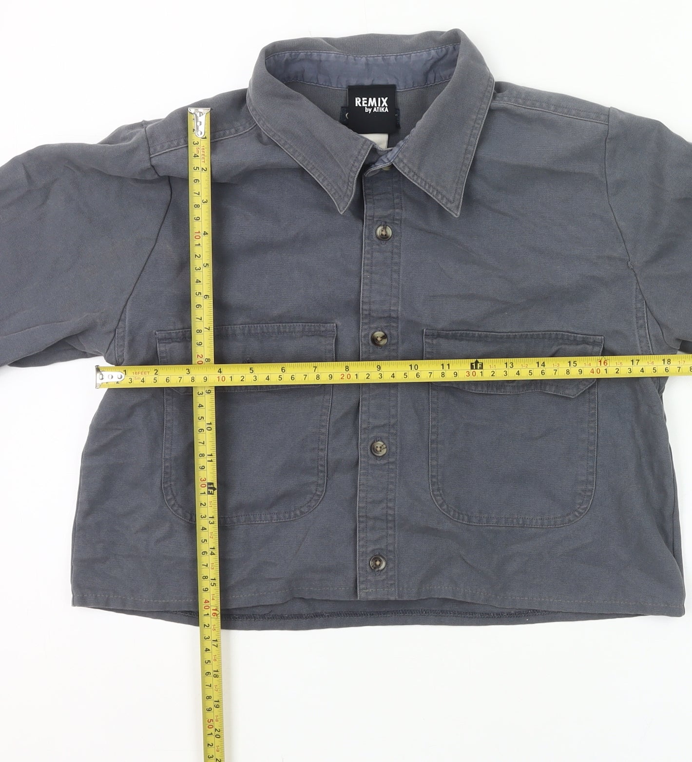 Remix by Atika Women's Grey Cotton Cropped Button-Up Shirt M
