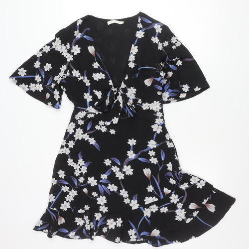 Vera & Lucy Womens Black Floral Wrap Dress Size M Short Sleeve