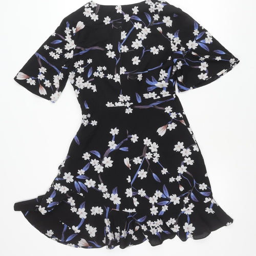Vera & Lucy Womens Black Floral Wrap Dress Size M Short Sleeve