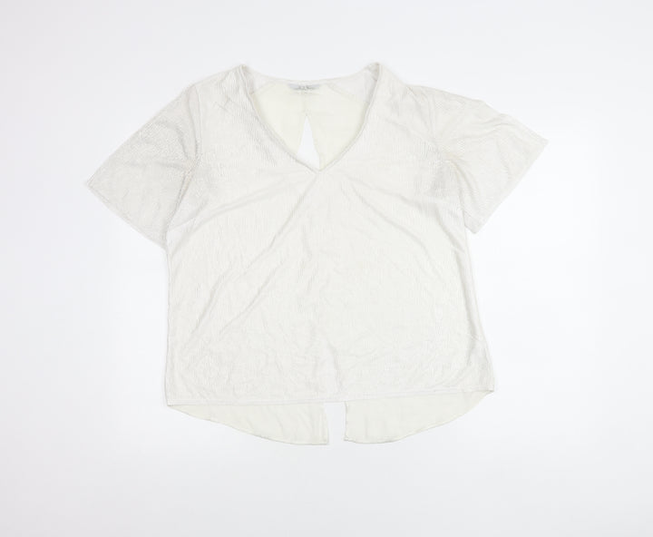 Next Women White Size 12 Tunic Blouse V-Neck Short Sleeve Polyester