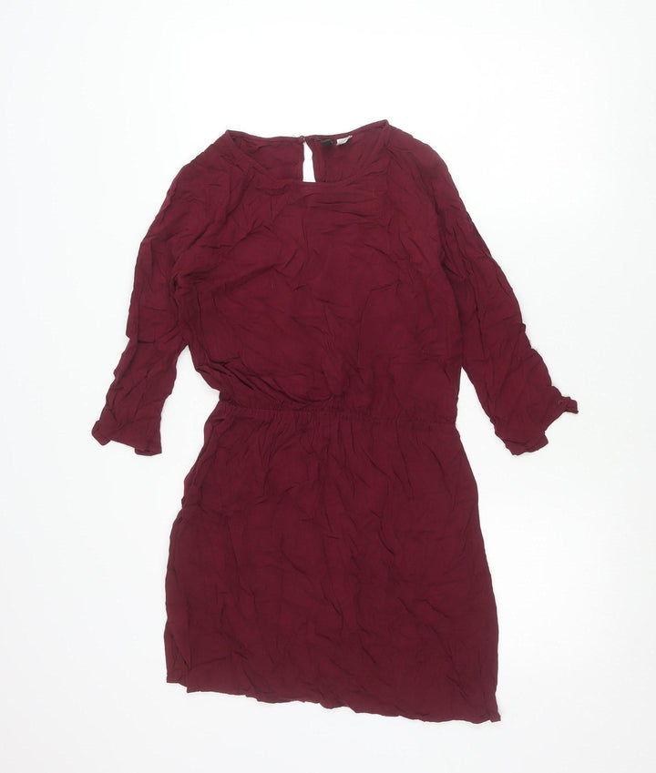 H&M Divided Women Red Long Sleeve Shift Dress Size 8 Keyhole Neck
