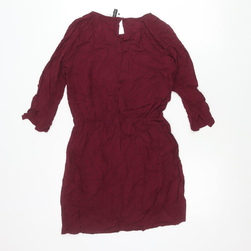 H&M Divided Women Red Long Sleeve Shift Dress Size 8 Keyhole Neck
