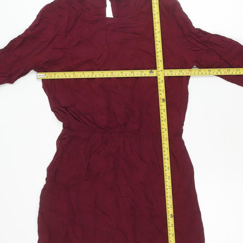 H&M Divided Women Red Long Sleeve Shift Dress Size 8 Keyhole Neck