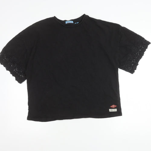 Superdry Womens Black Cotton Crochet Sleeve Relaxed T-Shirt Size 16