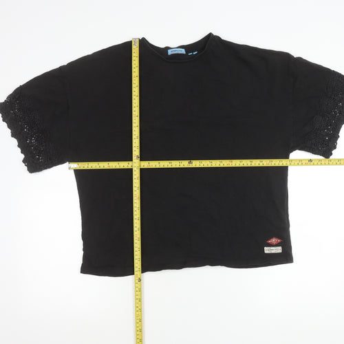 Superdry Womens Black Cotton Crochet Sleeve Relaxed T-Shirt Size 16
