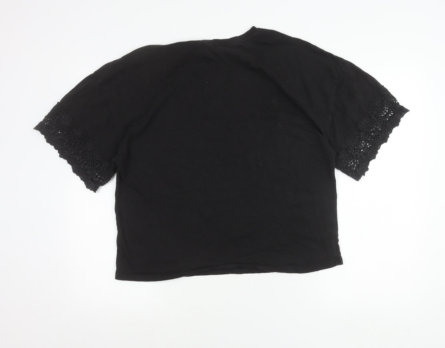 Superdry Womens Black Cotton Crochet Sleeve Relaxed T-Shirt Size 16
