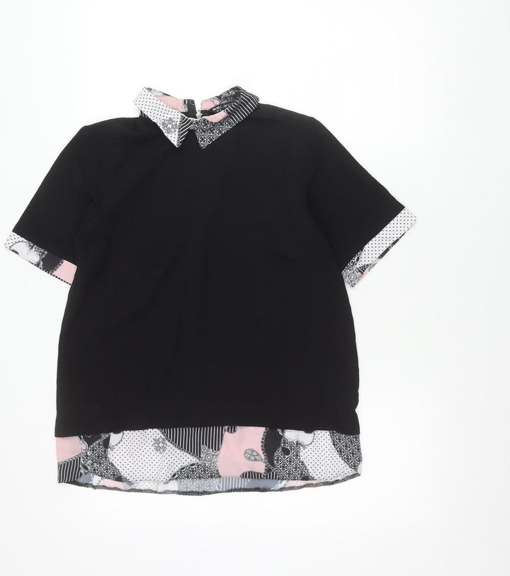 Select Women’s Black Collared Tunic Blouse UK 8 Short Sleeve Zip