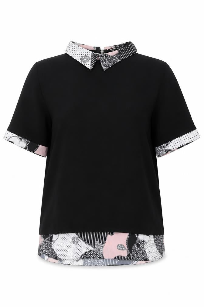 Front view of Select Women’s Black Collared Tunic Blouse UK 8 Short Sleeve Zip