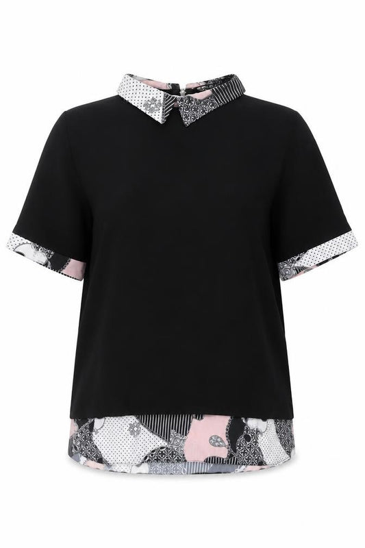 Front view of Select Women’s Black Collared Tunic Blouse UK 8 Short Sleeve Zip
