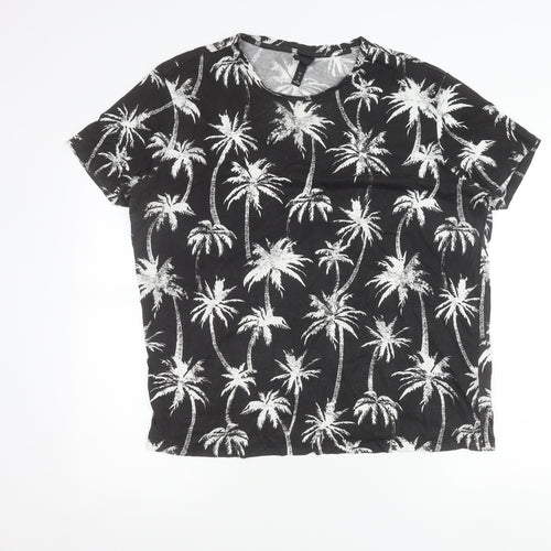 H&M Womens Black Palm Tree Print Cotton T-Shirt Size L Short Sleeve