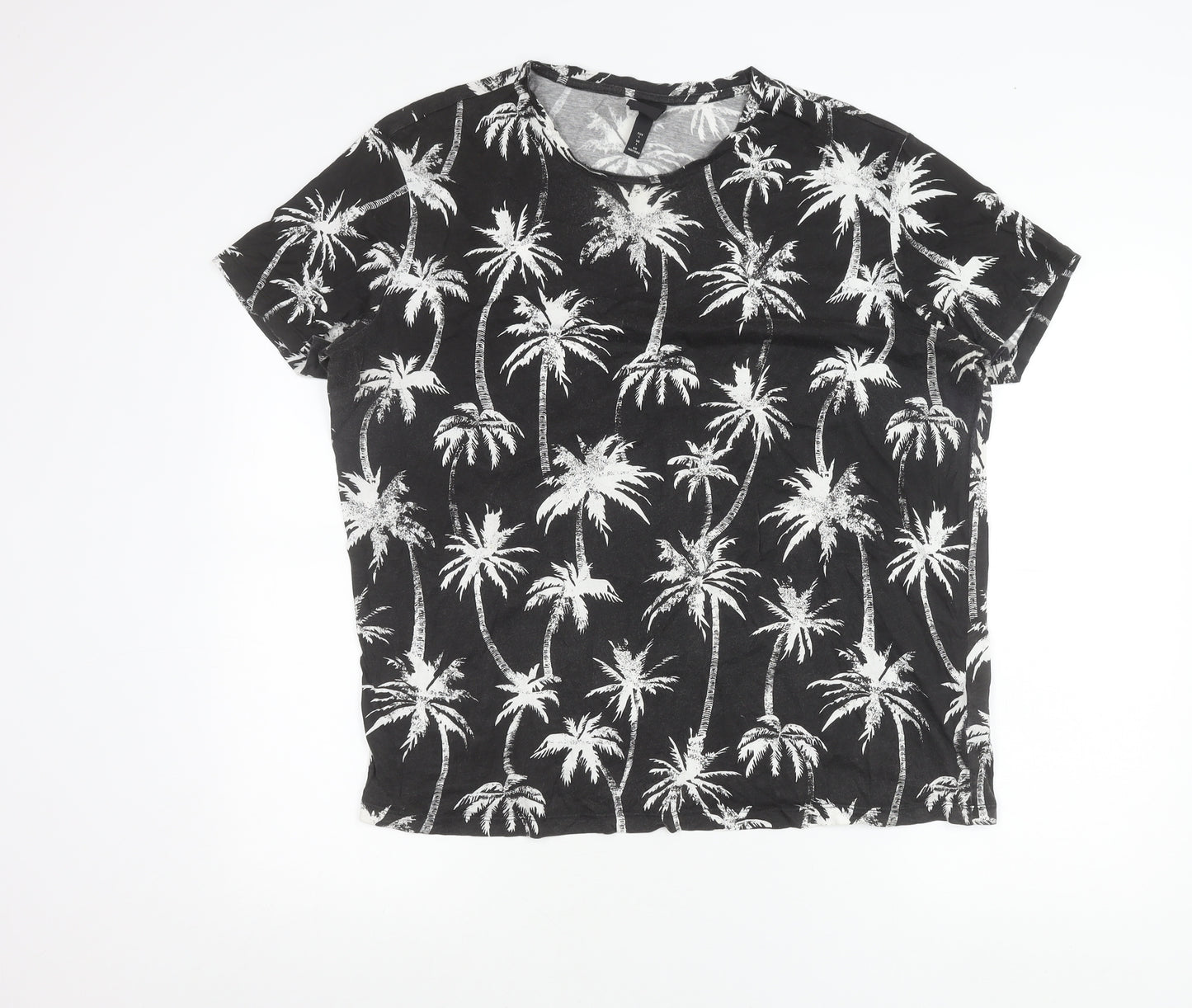H&M Womens Black Palm Tree Print Cotton T-Shirt Size L Short Sleeve