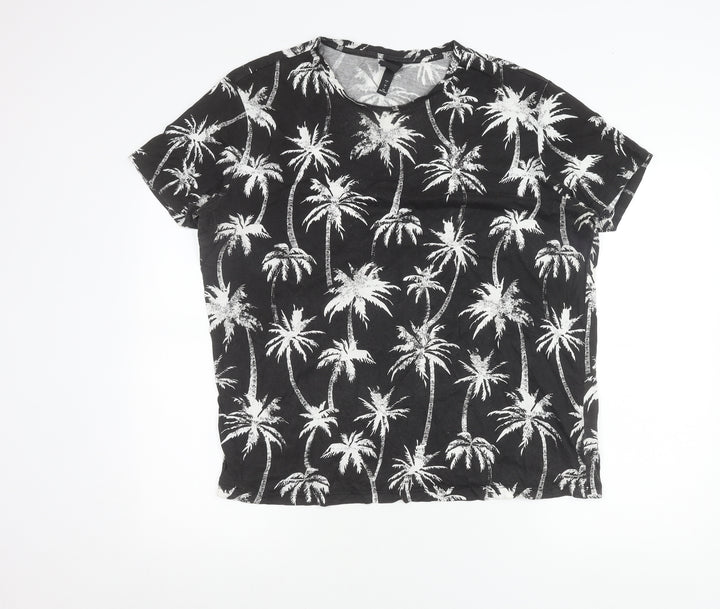 H&M Womens Black Palm Tree Print Cotton T-Shirt Size L Short Sleeve