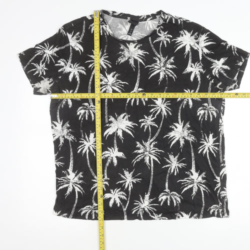 H&M Womens Black Palm Tree Print Cotton T-Shirt Size L Short Sleeve