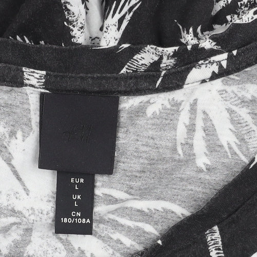 H&M Womens Black Palm Tree Print Cotton T-Shirt Size L Short Sleeve