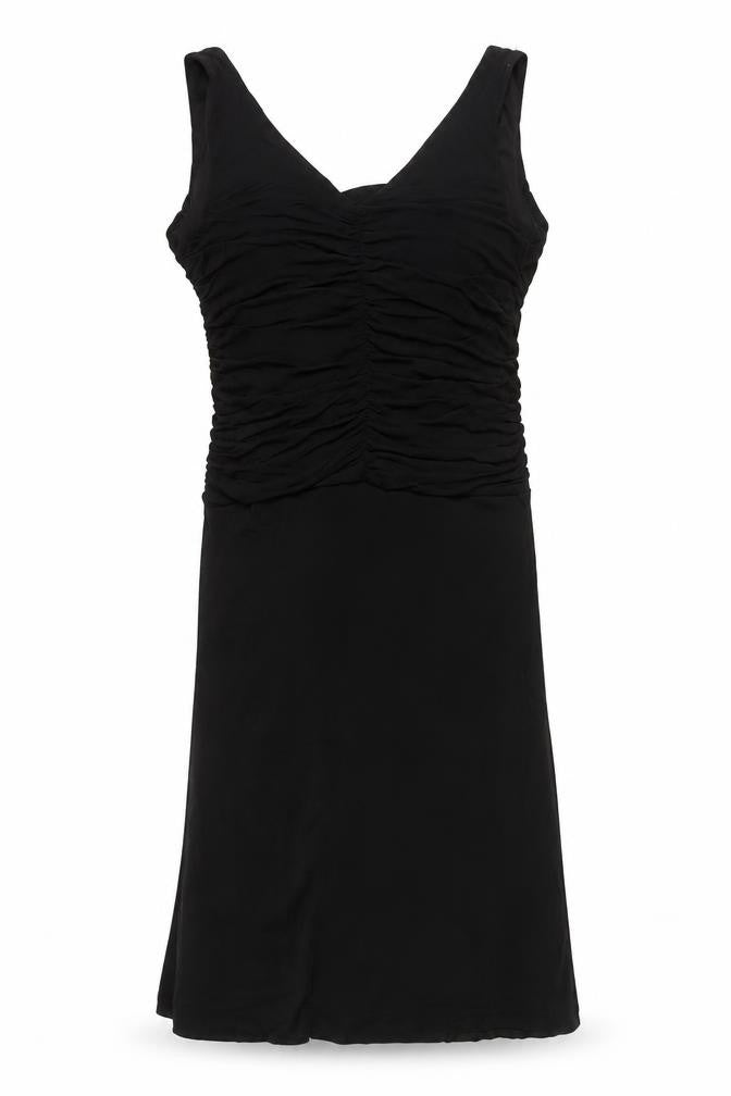 Front view of Coast women’s black, size UK 16, formal sheath ruched long dress