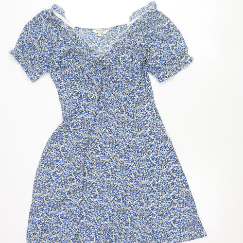 Brave Soul Women’s Blue Floral A-Line Short Puff Sleeve Dress S