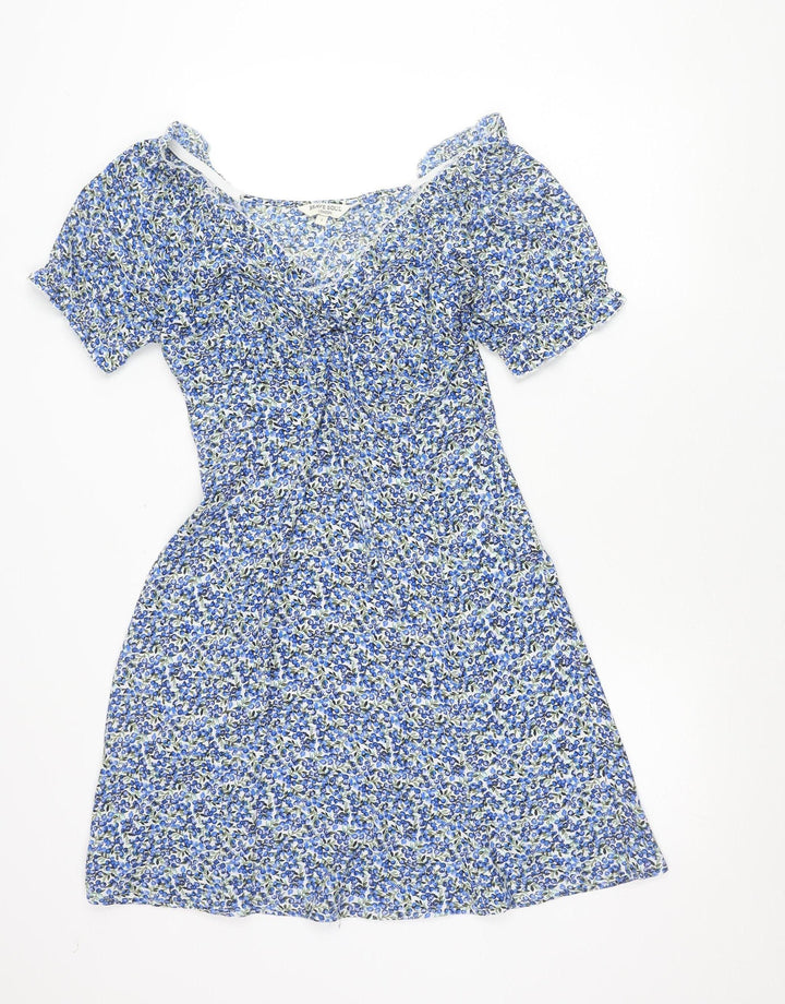 Brave Soul Women’s Blue Floral A-Line Short Puff Sleeve Dress S