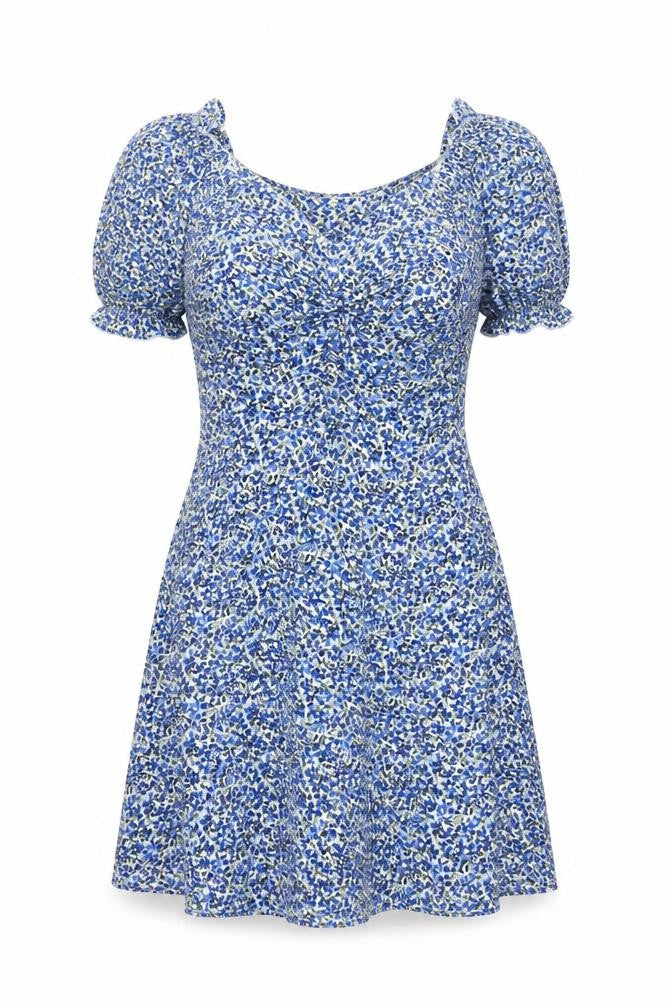 Brave Soul Women’s Blue Floral A-Line Short Puff Sleeve Dress S