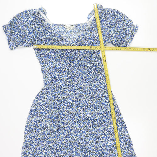 Brave Soul Women’s Blue Floral A-Line Short Puff Sleeve Dress S
