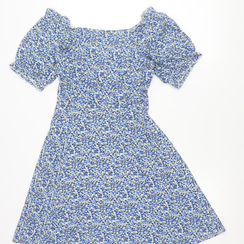 Brave Soul Women’s Blue Floral A-Line Short Puff Sleeve Dress S