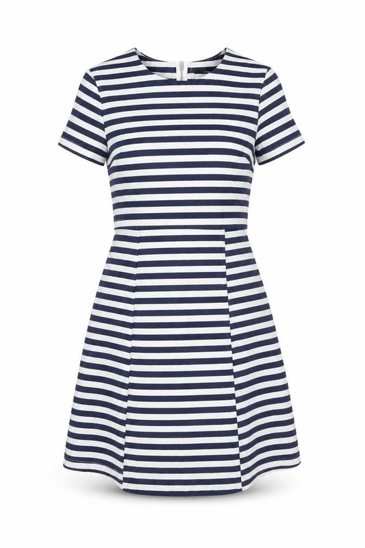 Front view of Fashion Union Women’s Blue White Stripe A-Line Short Dress, size UK 8