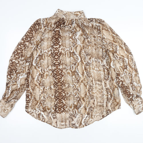 H&M Women’s Brown Snake Print Blouse UK 8 High Neck Long Sleeve