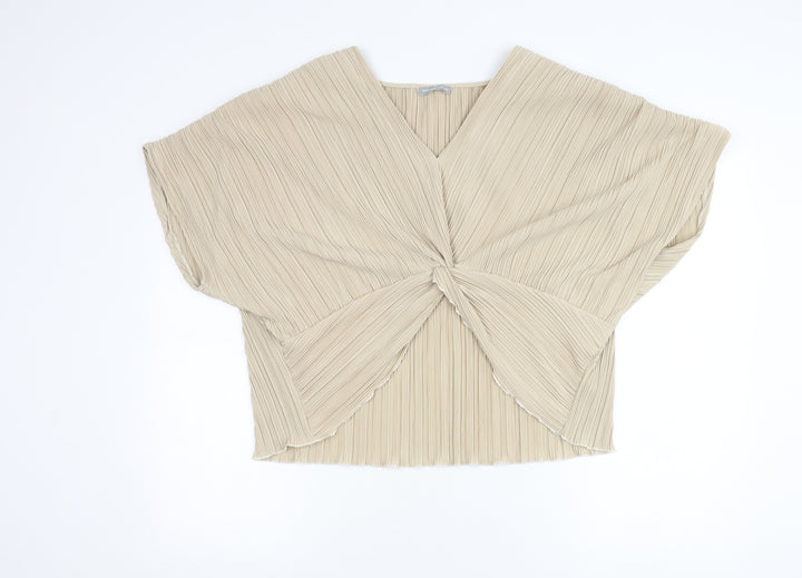 Dorothy Perkins Women’s Beige Size 12 Cropped Pleated V-Neck Blouse