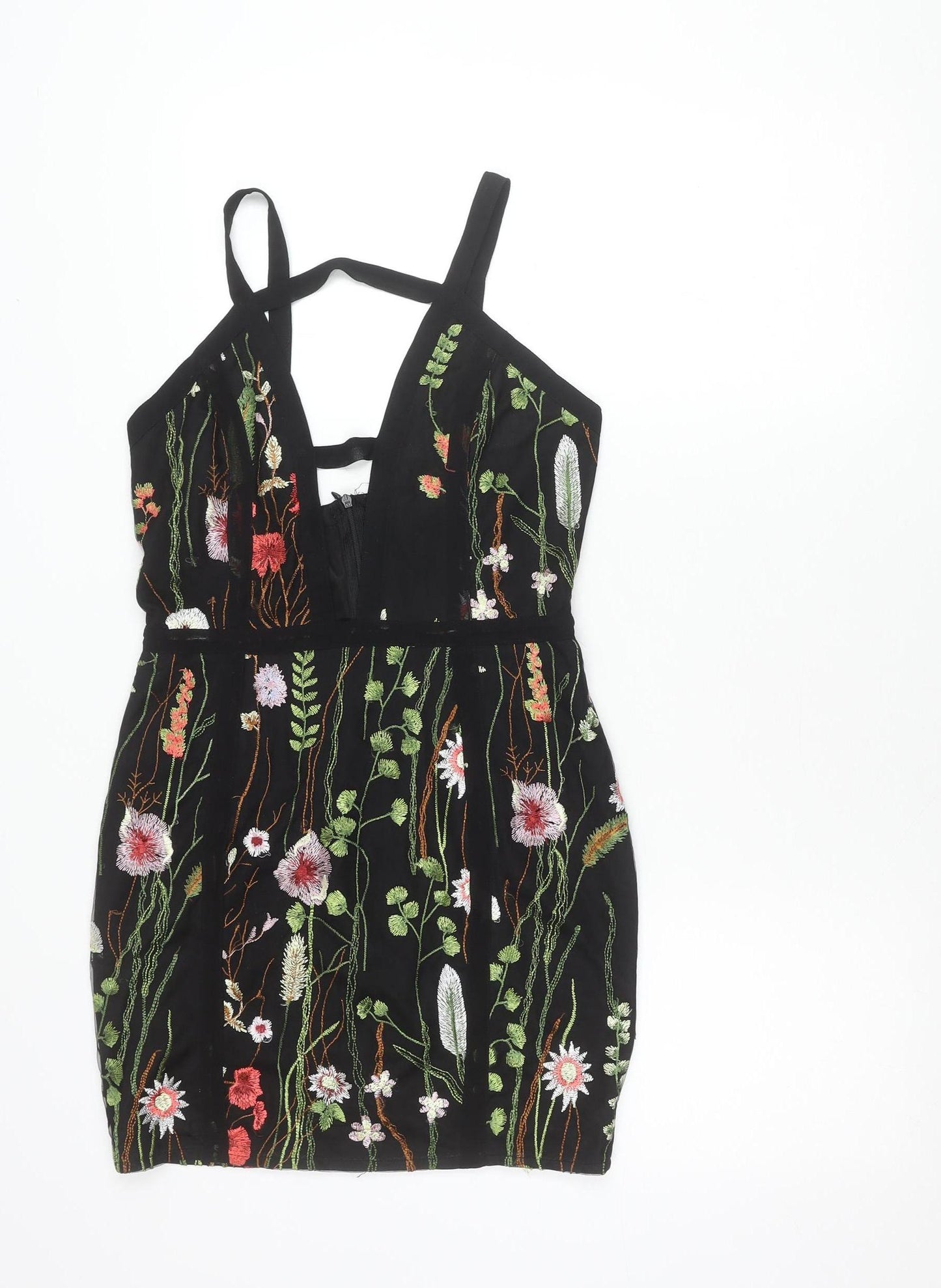PrettyLittleThing Women’s Black Size 10 Embroidered Mini Slip Dress
