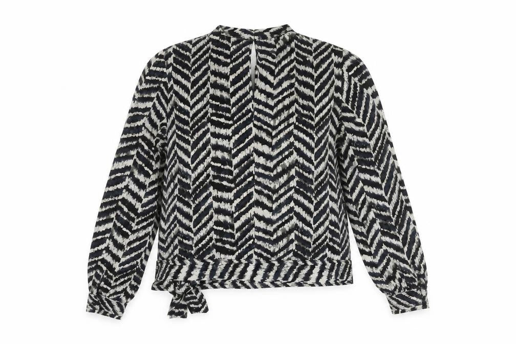 Front view of b.young Women’s Black & White Blouse, size UK 6, Geometric Long Sleeve