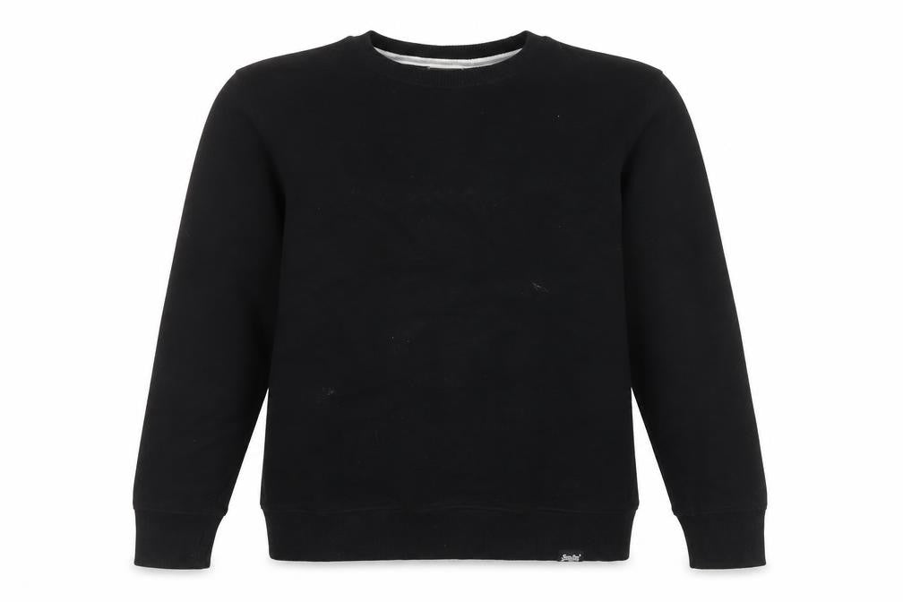 Front view of Superdry women’s black crew neck sweatshirt, size UK 8, pullover