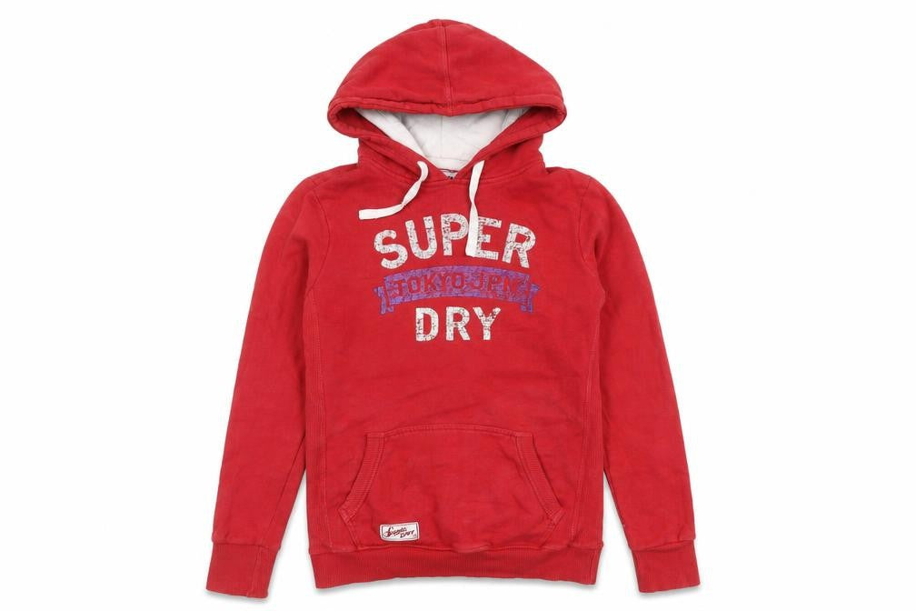Front view of Superdry boys’ red pullover hoodie medium logo print cotton blend