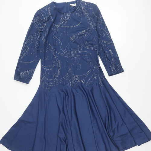 Damart Women’s Blue Fit & Flare Glitter Dress Size 10 Long Sleeve Party