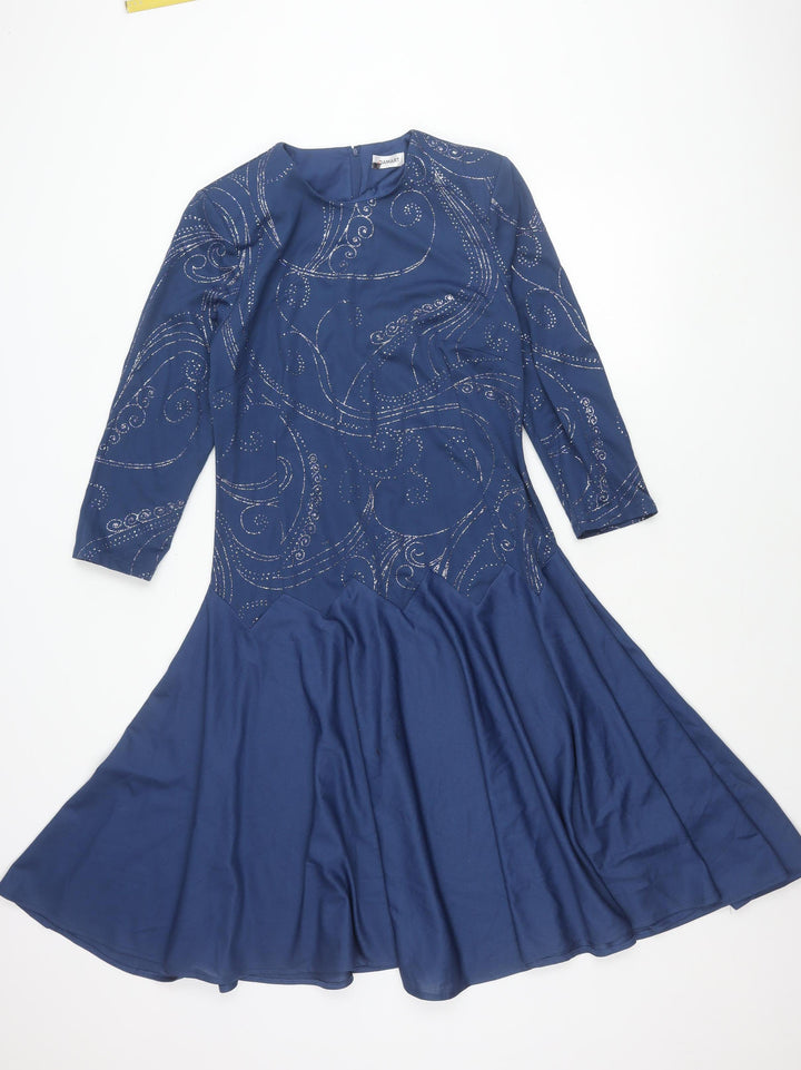 Damart Women’s Blue Fit & Flare Glitter Dress Size 10 Long Sleeve Party