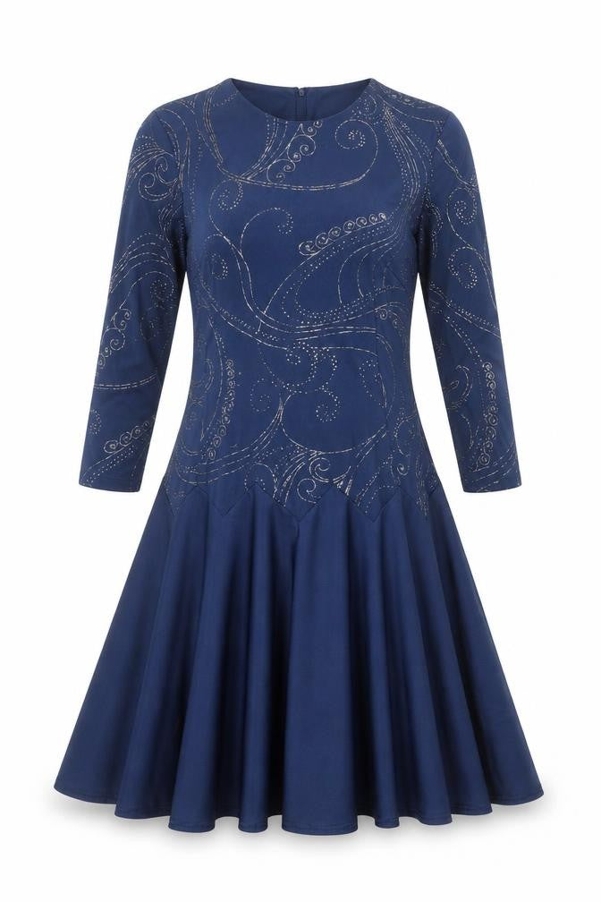 Damart Women’s Blue Fit & Flare Glitter Dress Size 10 Long Sleeve Party