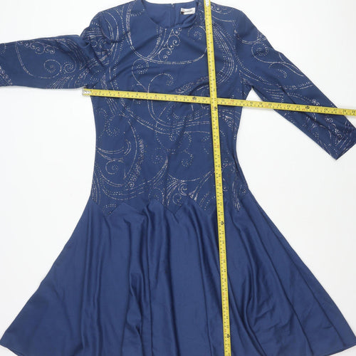 Damart Women’s Blue Fit & Flare Glitter Dress Size 10 Long Sleeve Party